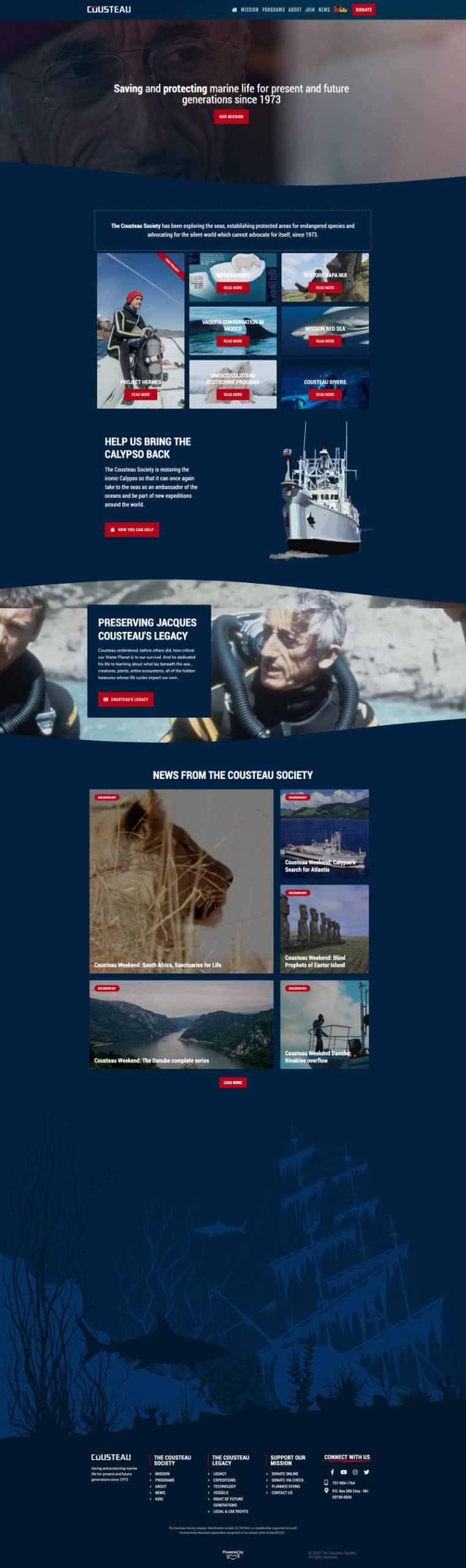 Jacques Cousteau - The Cousteau Society wordpress website designed and developed by Good Agency. Good Agency can help nonprofit teams with: Nonprofit WordPress development, Wordpress design, UX improvements, architecture design, UX consulting, SEO, SEM, nonprofit marketing. Good agency specializes in nonprofit website design and nonprofit digital marketing, online fundraising and growth marketing. Request a quote